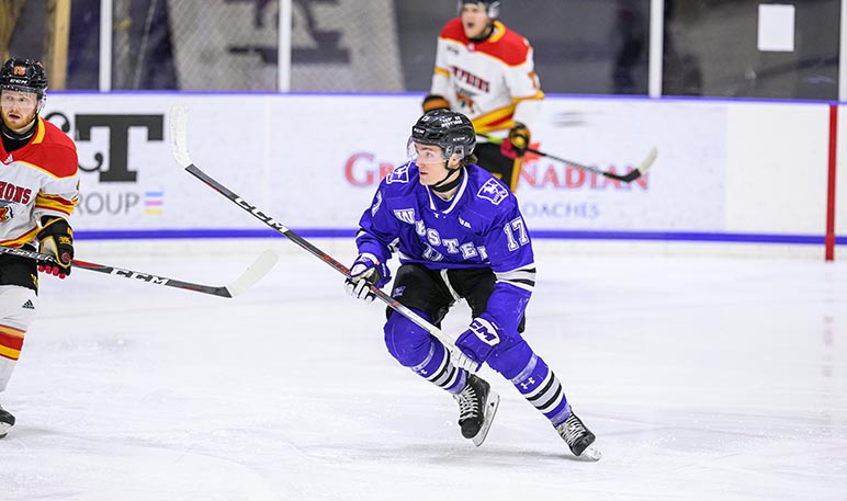 Western Mustangs men’s hockey goalie in net